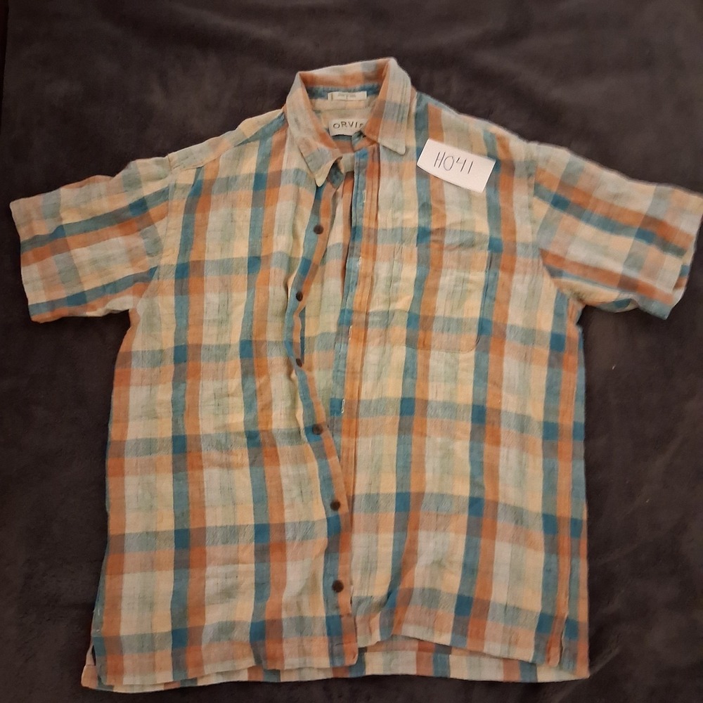 Orvis Plaid Button Up Shirt Mens Large L Short Sleeve Cotton Orange Blue Outdoor